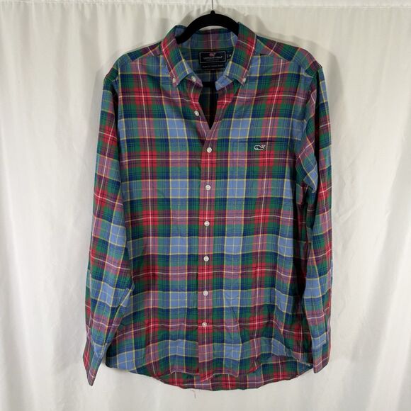 Vineyard Vines Flannel Shirt Mens Medium Red Green Slim Tucker Button Up Long Sl - Picture 1 of 10